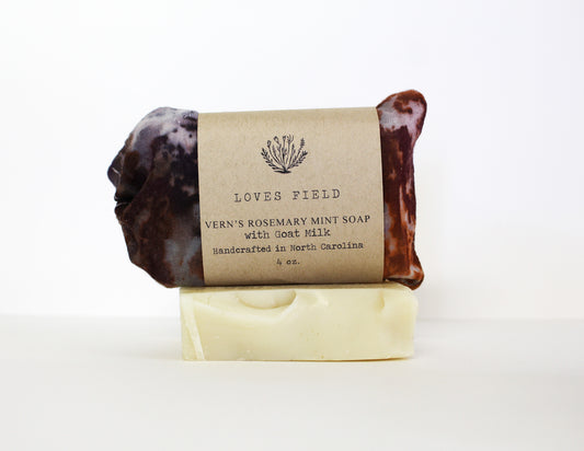 Vern's Rosemary Peppermint Goat Milk Soap 5oz front view, palm-free, handcrafted in North Carolina with rosemary and peppermint essential oils